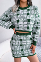 Zweifarbiges kariertes Strick-Kurzpullover-Minirock-Zweiteiliges Kleid - Grün